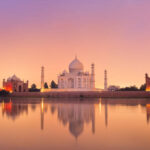 Taj Mahal reflecting in a river on sunset, Agra, India