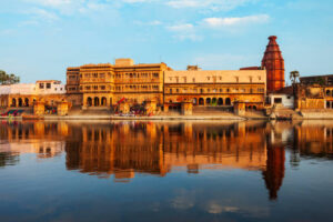 Krishna Temple at the Keshi Ghat on Yamuna river in Vrindavan near Mathura city in Uttar Pradesh state of India
